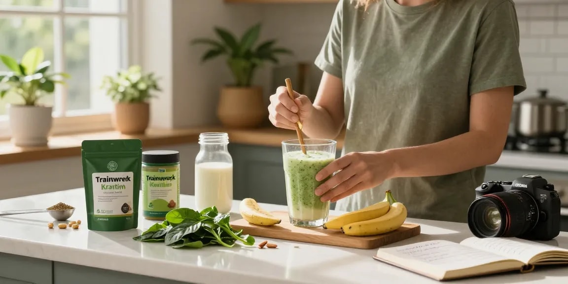 Check it out how Trainwreck Kratom products enhance wellness in a vibrant kitchen scene featuring fresh smoothies and natural light.