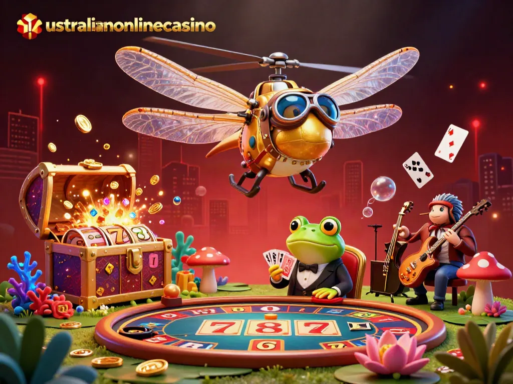 Experience excitement with the australianonlinecasino as a dragonfly pilot hovers over a casino with vibrant game elements.