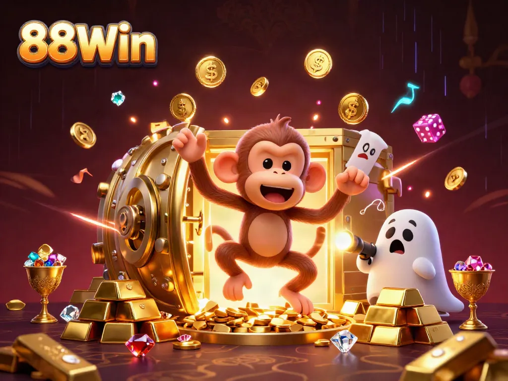 The playful monkey and curious puppy experience the vibrant energy of the lively casino at 88Win.