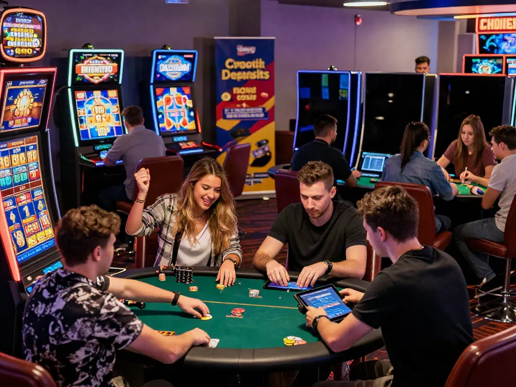 Exciting credit card casinos with players celebrating wins and engaging in various games.