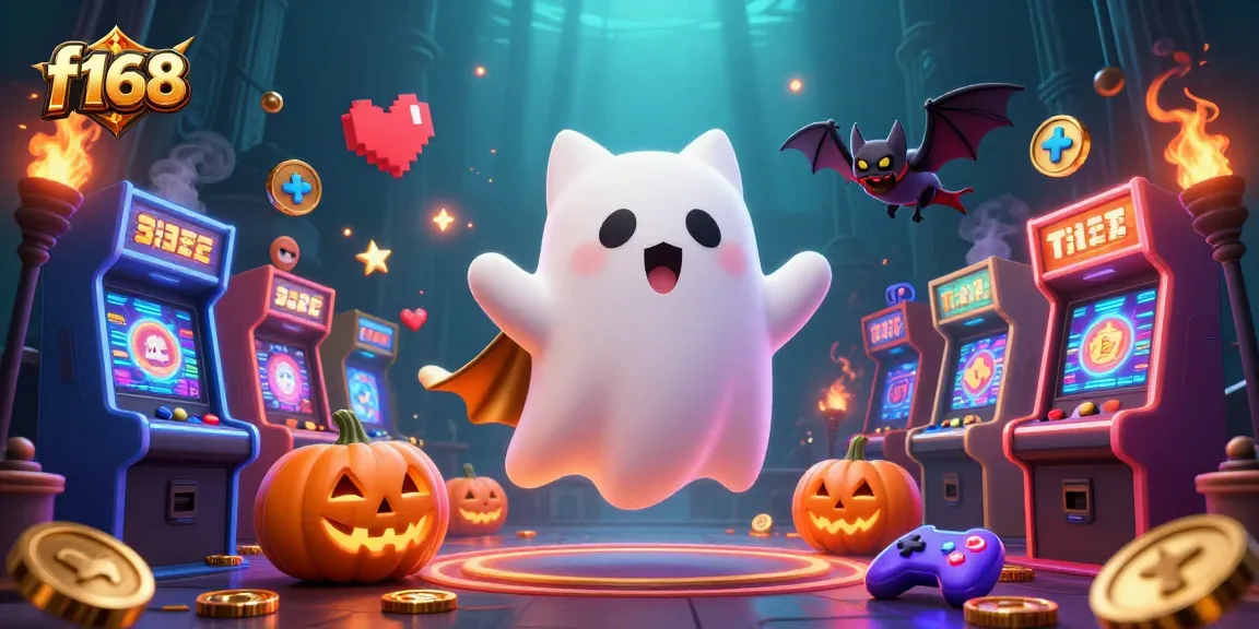 Engage with f168's vibrant casino world featuring a ghost cat, vampire bat, and glowing poker pumpkins.