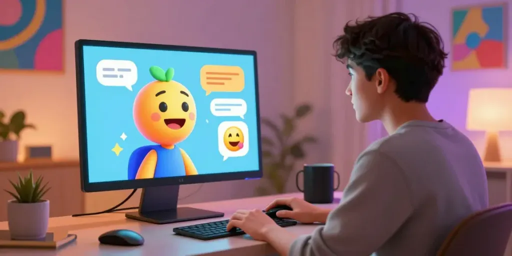 AI chat porn interaction in a vibrant virtual chat room with engaging character.