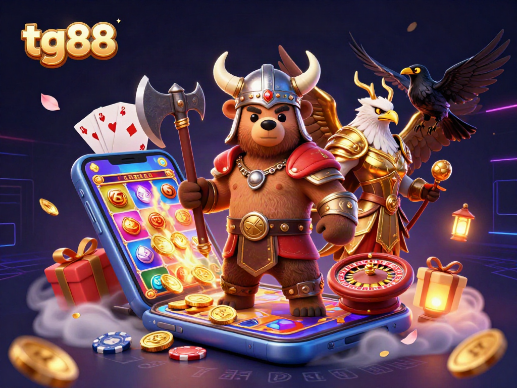 Engage with tg88 through a vibrant 3D illustration of a Viking bear, Valkyrie eagle, and gambling action.