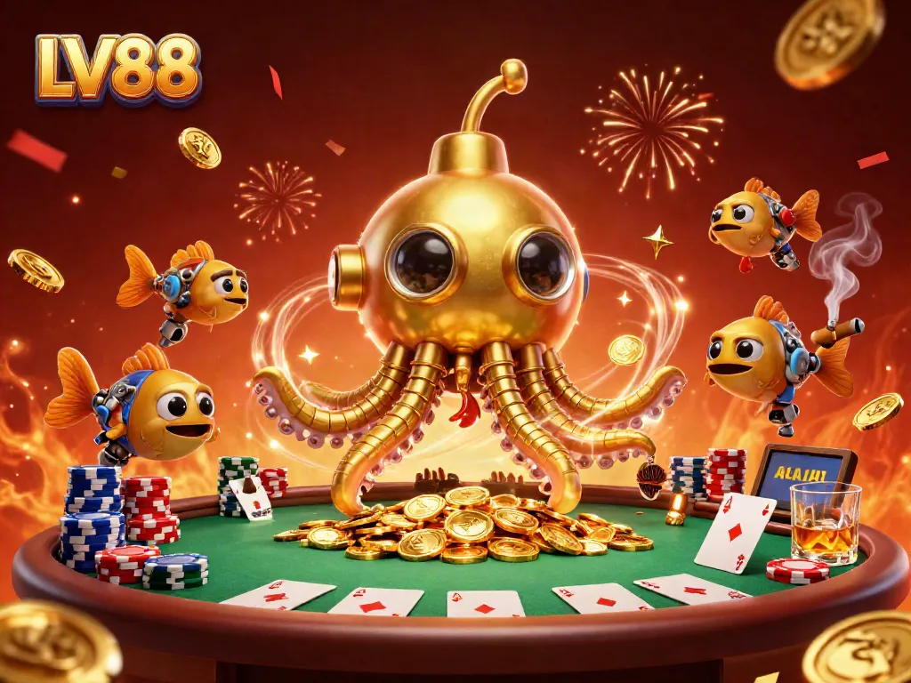 Experience the thrill of gaming with LV88's golden kraken submarine amidst poker chips and festive confetti.