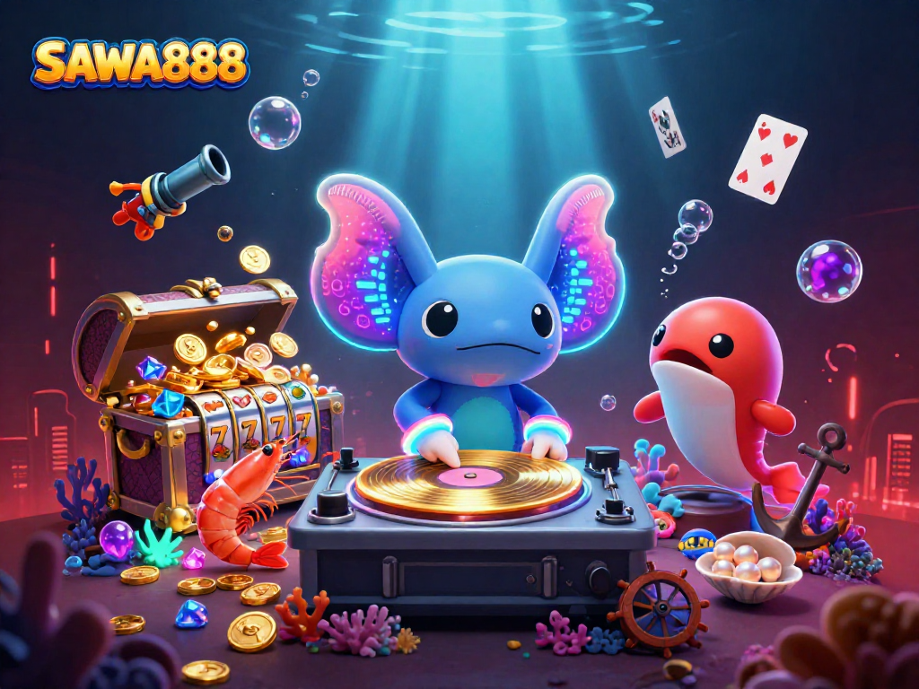 Experience SAWA888's vibrant underwater slot scene with axolotl DJ and treasure!