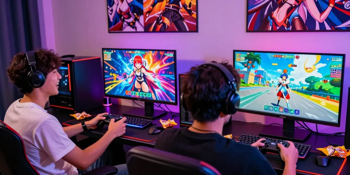 Excited gamers playing hentai game online with vibrant setup and LED lights.