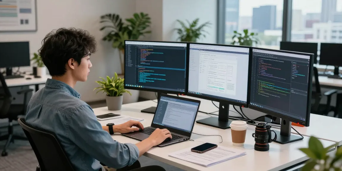 Innovative tech workspace with developer coding on dual monitors, facilitating WhatsApp下載.