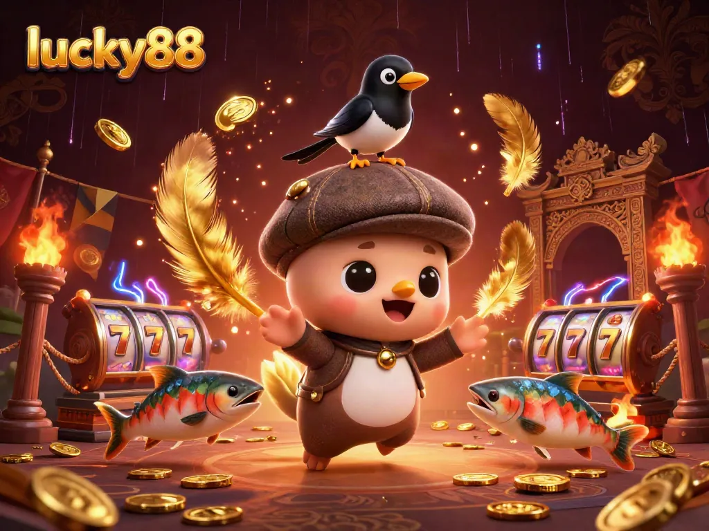 Experience lucky88 excitement as cartoon characters celebrate with golden coins and slot reels!