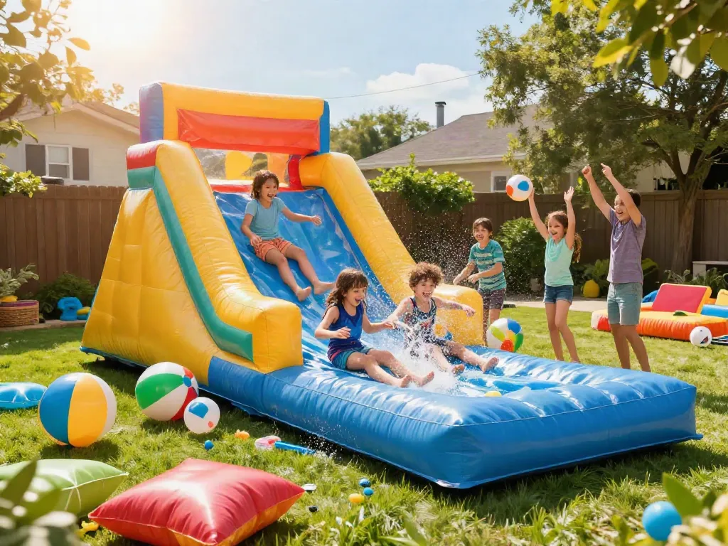 Kids sliding down a colourful slip and slide, enjoying summer fun in the sun.