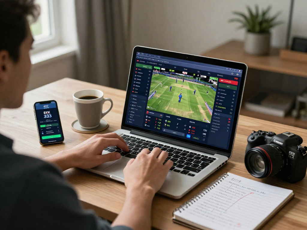 Engaging online betting experience on EK 333 with user focused on live cricket odds in a modern home office setting.