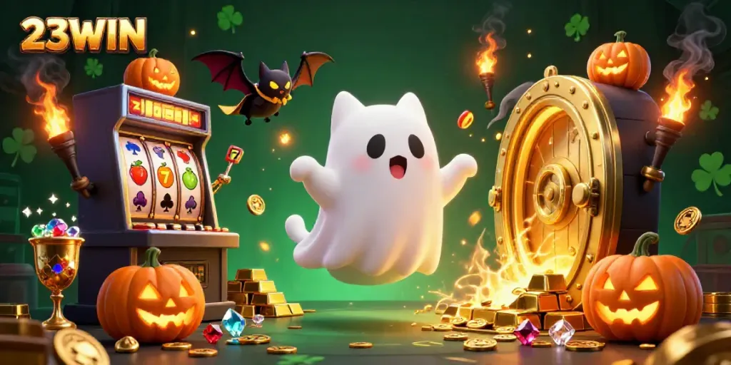 Experience excitement with 23WIN as the ghost cat and vampire bat explore a haunted casino mansion.