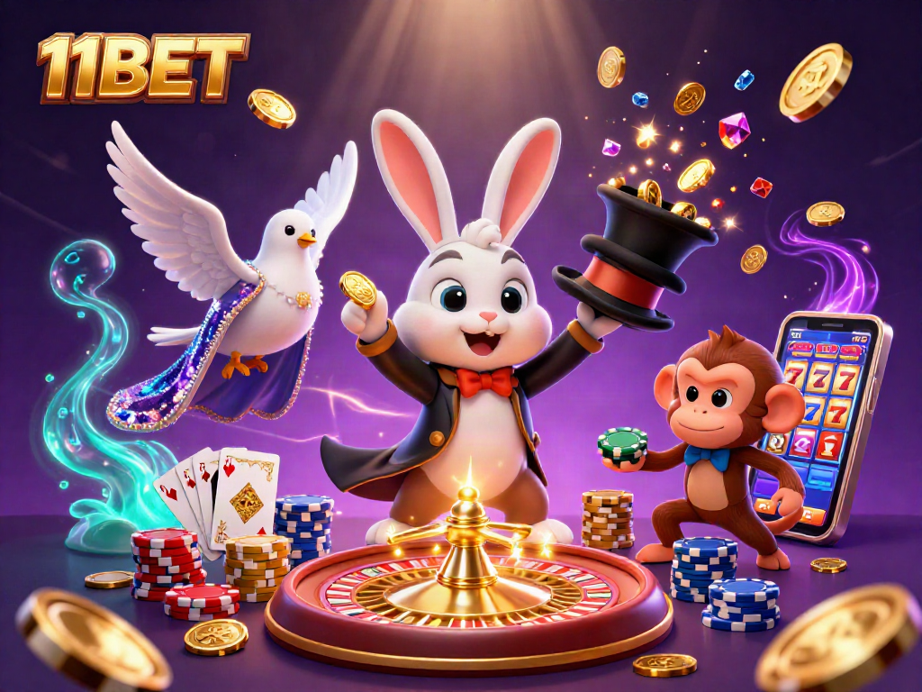Experience gaming excitement with 11BET's magical casino scene full of vibrant characters and thrilling elements.