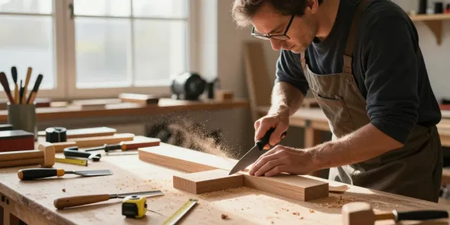 Craftsman using a Festool knife in a workshop, focused on wood carving.