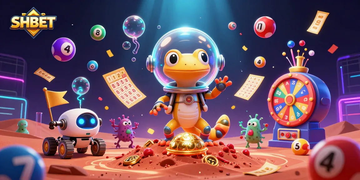 Engage in the excitement of SHBET with vibrant casino elements and animated characters in a Martian landscape.
