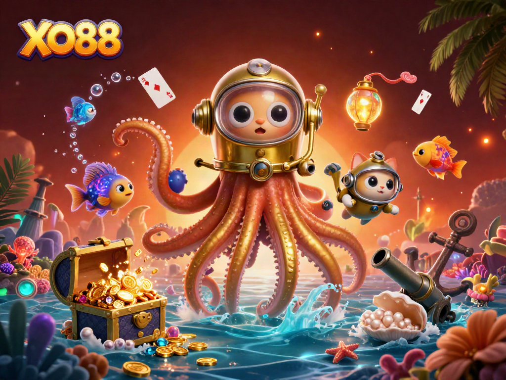 Engage with the exciting world of XO88 featuring a kraken and cat in a treasure-filled underwater scene.