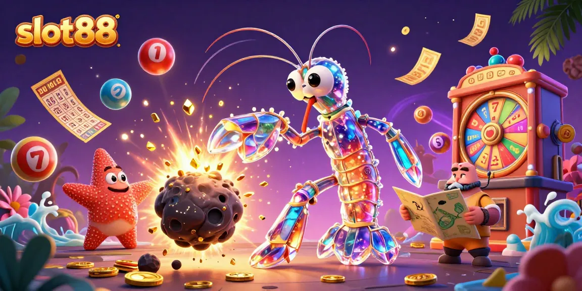 Experience slot88 with a galactic samurai mantis shrimp smashing through an asteroid, surrounded by vibrant casino elements.