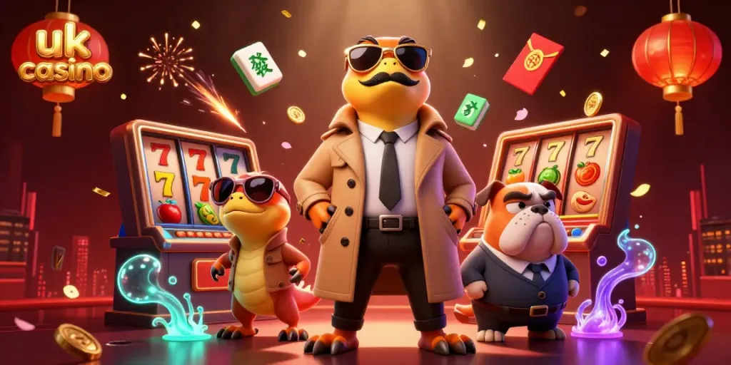 Three raptors in a trench coat entry to a VIP lounge at a vibrant uk casino.