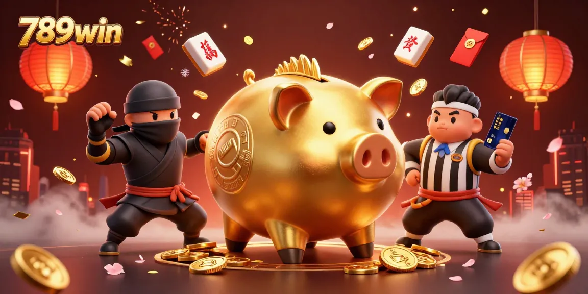 Win big with 789win’s vibrant casino illustration showcasing animated characters amidst golden treasures.
