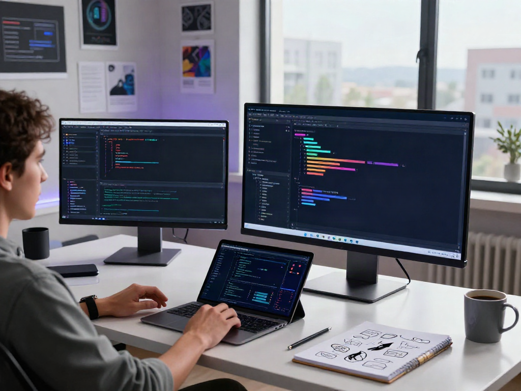 Web developer utilizing instant indexing tools in a modern workspace with dual monitors and digital devices.
