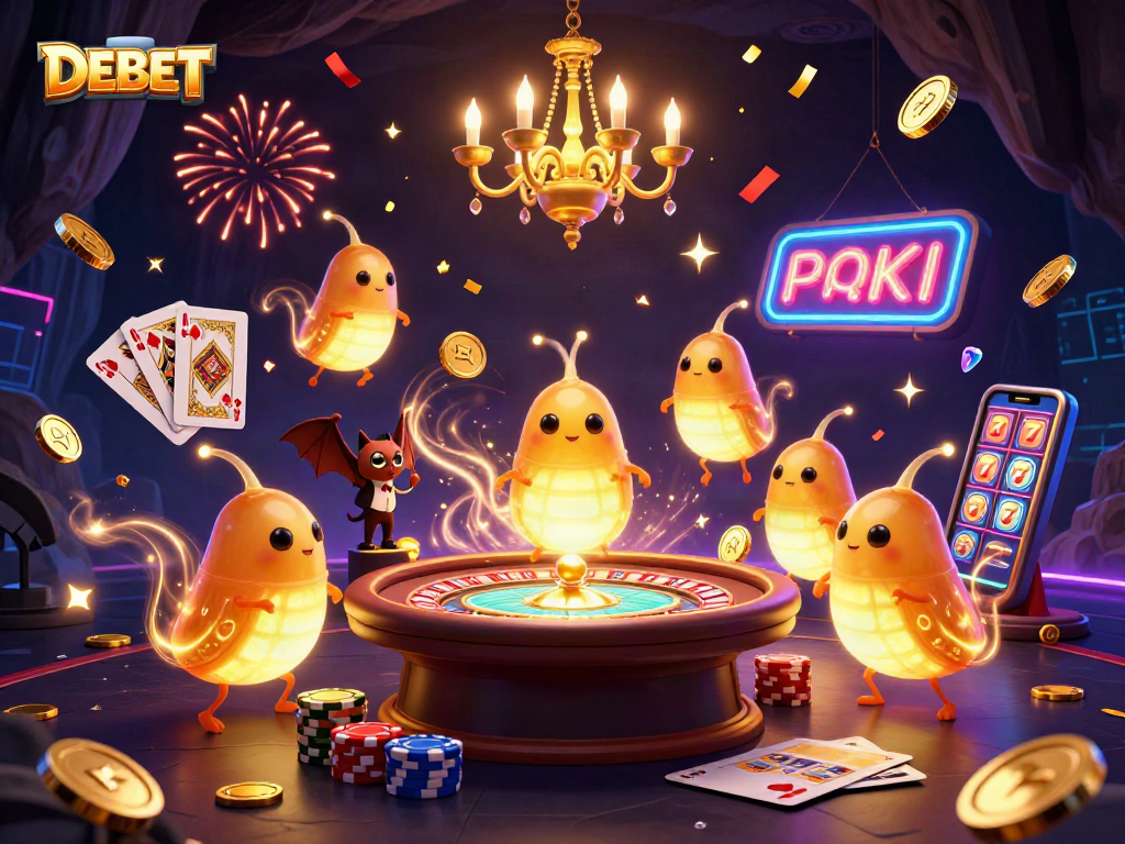 Experience excitement at the DEBET cave casino with glowing glowworms and dazzling game elements.