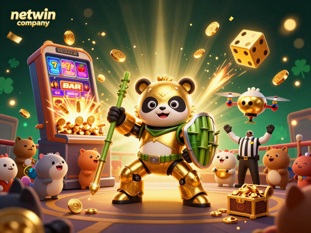 The netwin company showcases an exciting slot machine jackpot in a colorful casino arena.