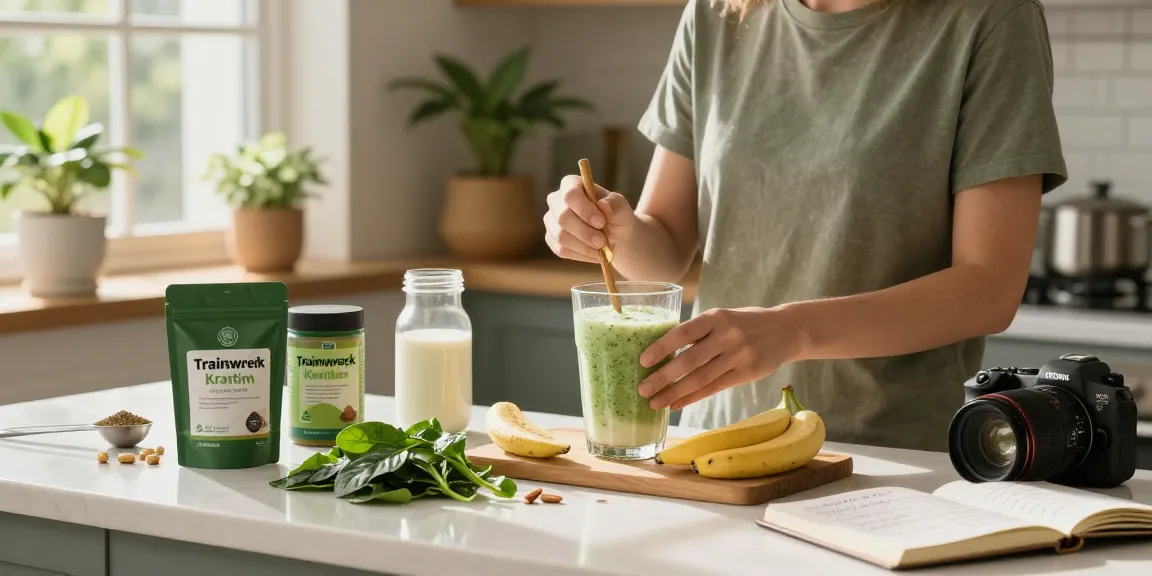 Check it out how Trainwreck Kratom products enhance wellness in a vibrant kitchen scene featuring fresh smoothies and natural light.