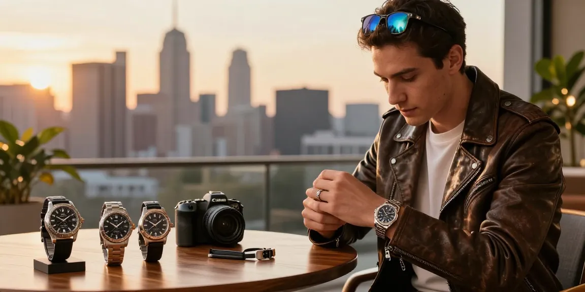 Examine premium clone watches in urban sunset, showcasing luxury timepieces.