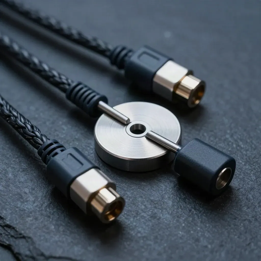 Braided network leads, connector blocks and a brushed aluminium adapter disc on dark stone.