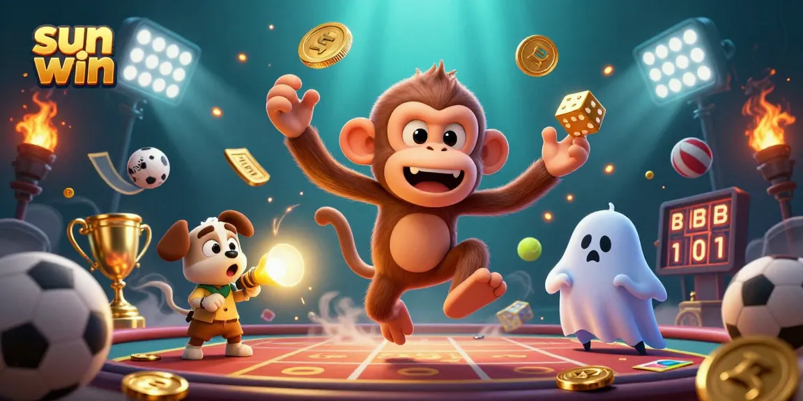 Engaging "sun win" gaming scene featuring poltergeist monkey and ghost-hunter puppy in a lively casino atmosphere.