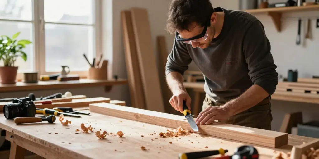 Craftsman skillfully using a festool knife for woodworking in a sunny workshop.