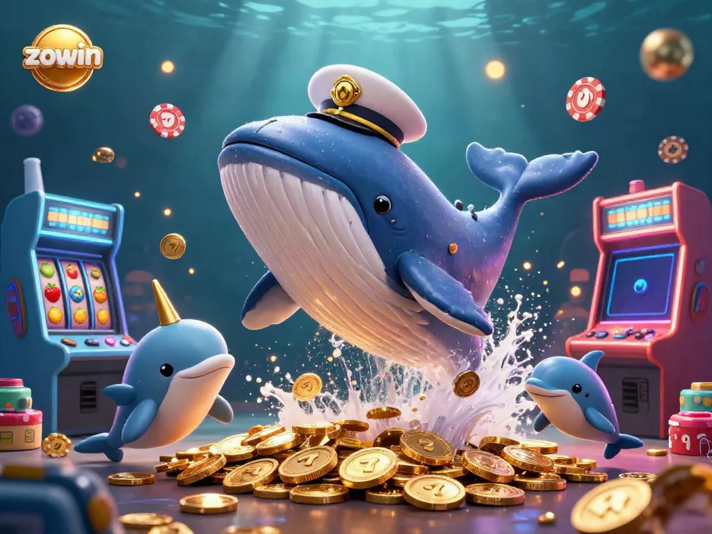 Watch the zouin whale leap through a sea of coins, showcasing vibrant slots and playful dolphins.