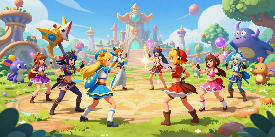 Engaging scene of characters battling in an ecchi games fantasy world, showcasing colorful outfits and magical elements.