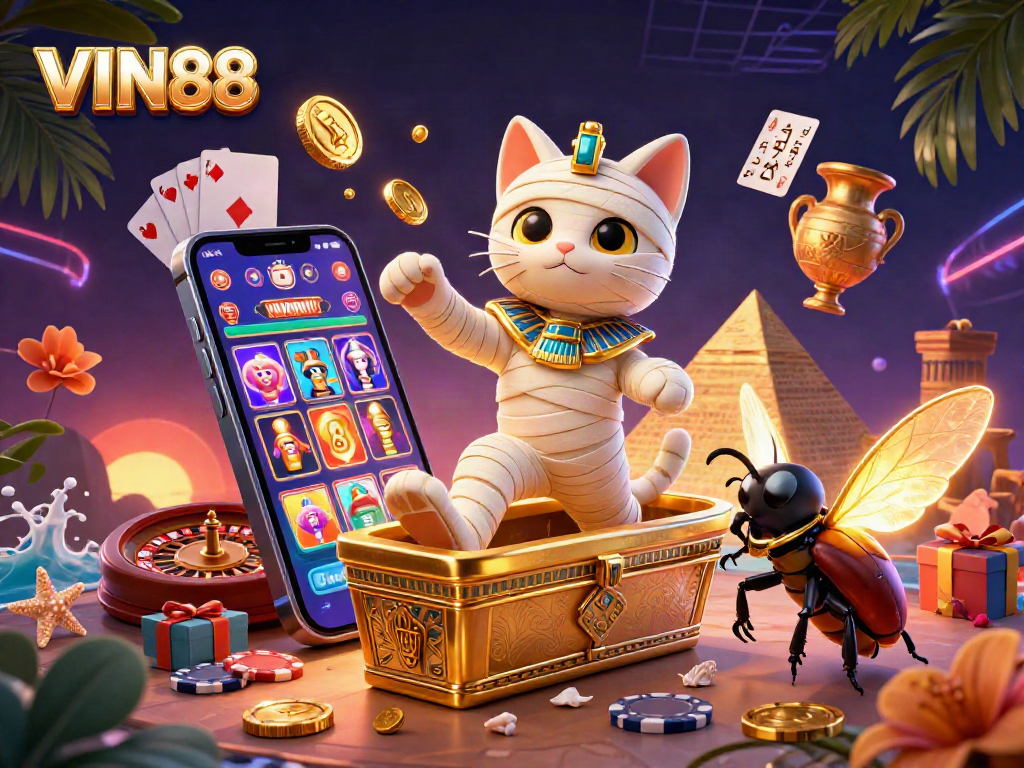 Experience thrilling gameplay with VIN88 as the Egyptian mummy cat reveals a colorful casino world full of exciting treasures.