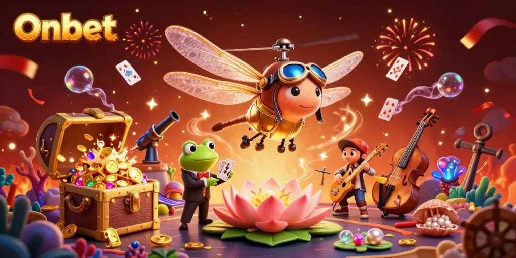 Engage with Onbet's dragonfly pilot and frog croupier in a vibrant casino adventure.