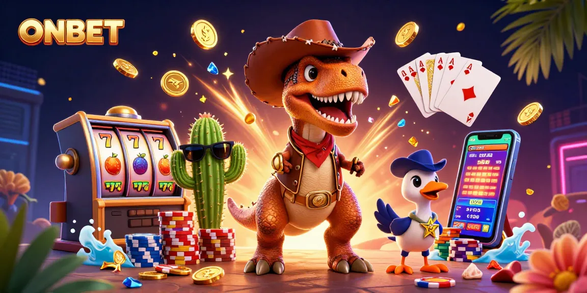 Engage in ONBET excitement with a T-Rex dinosaur gambling alongside vibrant casino elements.
