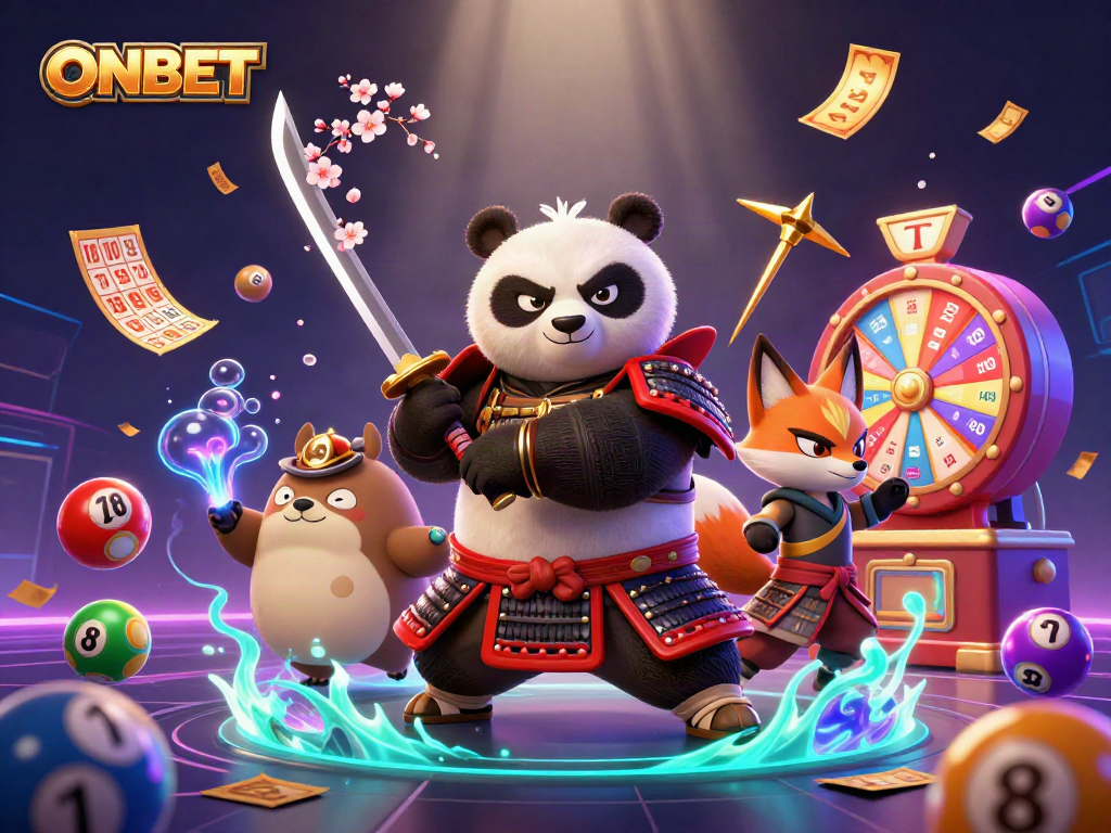 Engage with ONBET's vibrant lottery scene featuring samurai panda, ninja fox, and magical tanuki.