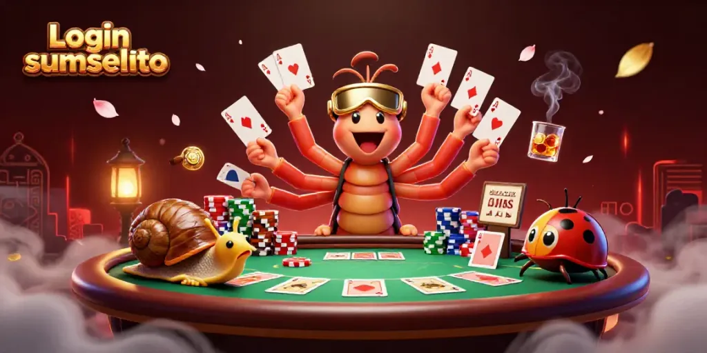 Engage with the vibrant scene showcasing a 3D cartoon millipede dealer as players log in to sumseltoto.