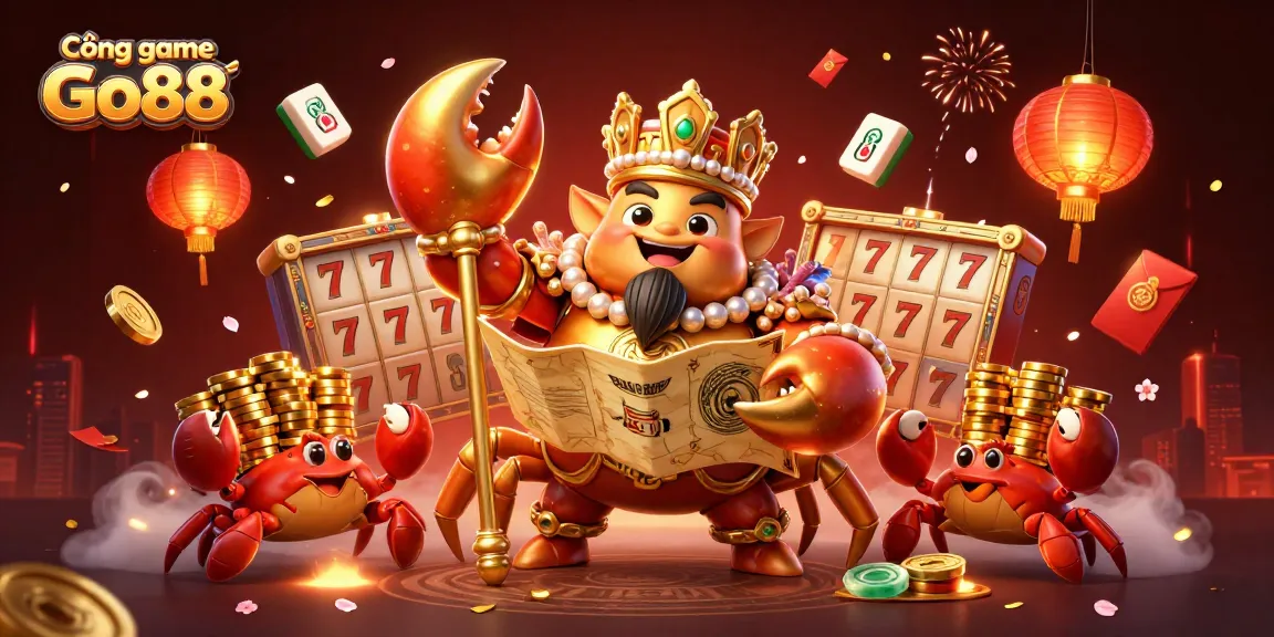 Cổng game Go88 provides a vibrant online casino environment featuring a golden crab emperor, interactive slots, and lively decorations.