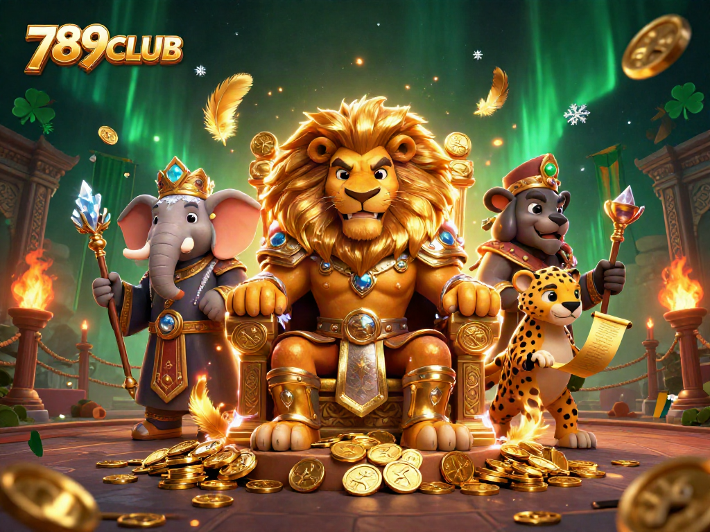 The fierce lion king of 789CLUB reigns over a vibrant casino scene, capturing thrilling gaming moments.