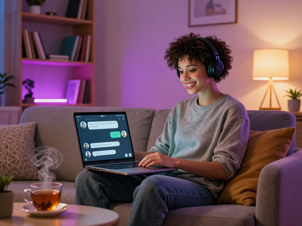 Interactive AI sex chat on a laptop in a cozy living room setting.