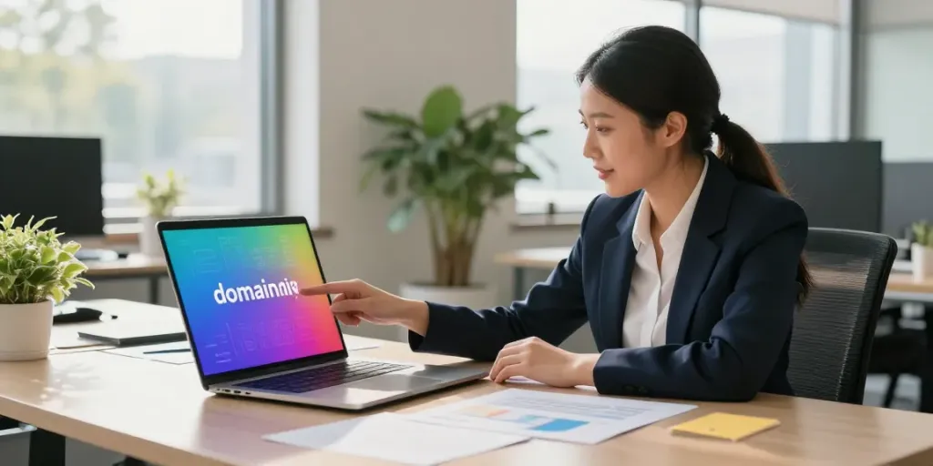 Choosing a cheap .co.uk domain in a modern office setting with charts and a laptop.