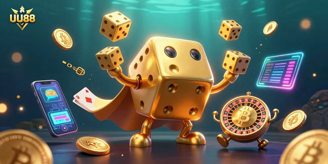 Experience thrilling gaming moments with UU88's golden dice golem in an immersive casino scene.