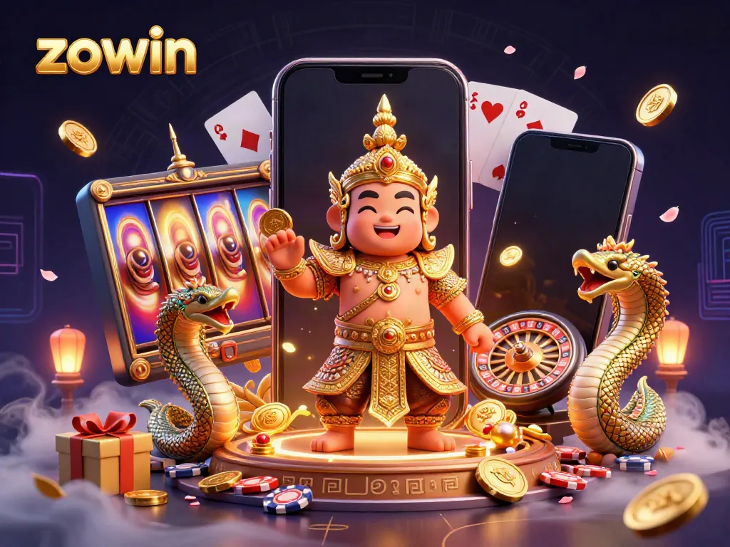 Zowin showcases vibrant slot game action with a charming Thai guardian and dazzling casino elements.