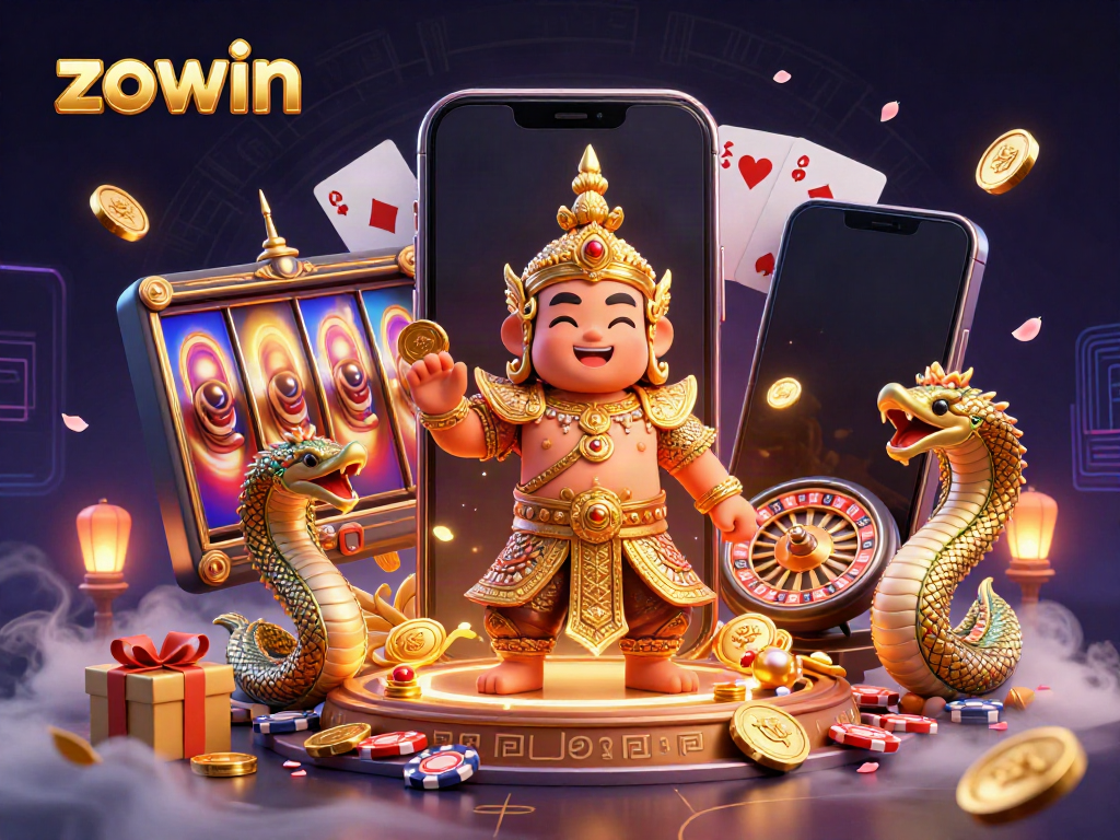 Zowin showcases vibrant slot game action with a charming Thai guardian and dazzling casino elements.
