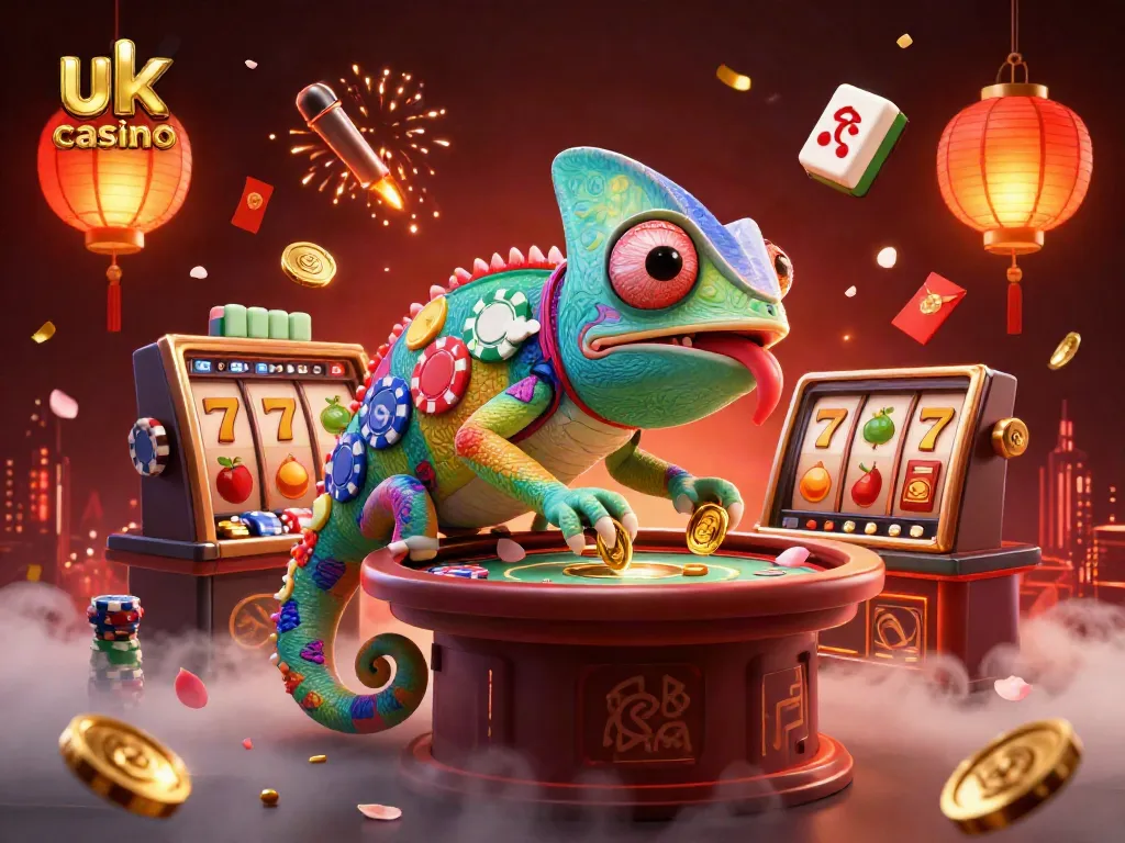 Engaging scene with a chameleon casino owner, vibrant casino elements, and festive decorations highlighting uk casino.