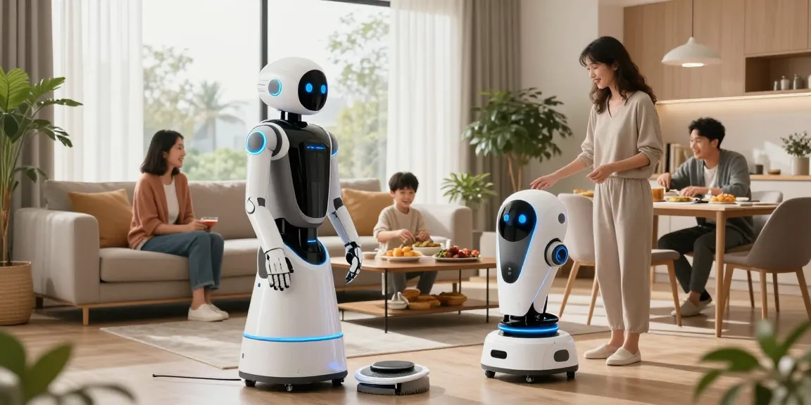 Home robot 2026 assisting family with cleaning and cooking in a modern living space