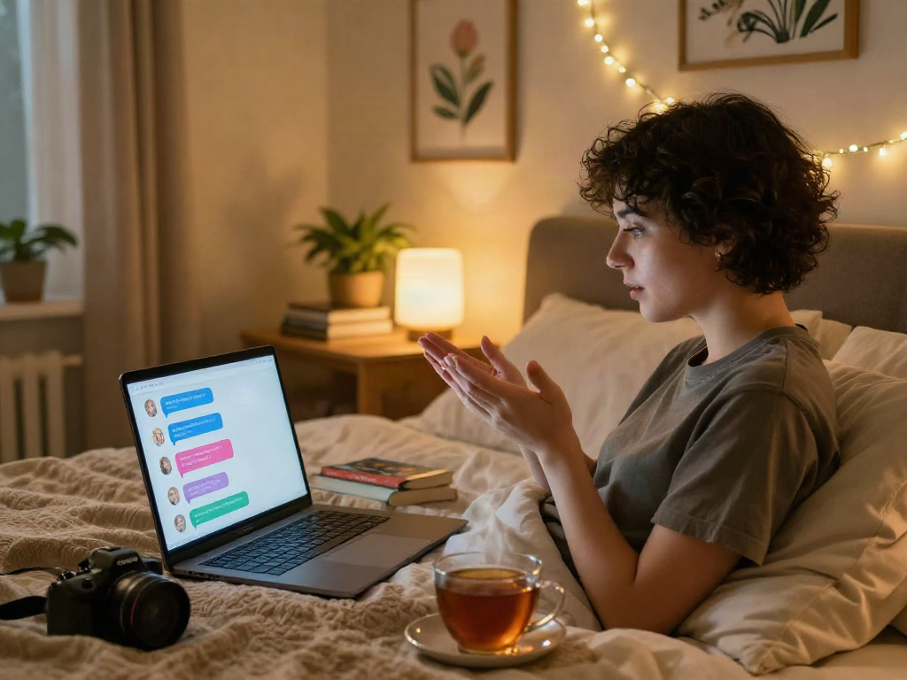 Person enjoying ai sex chat experience on laptop in cozy bedroom setting.